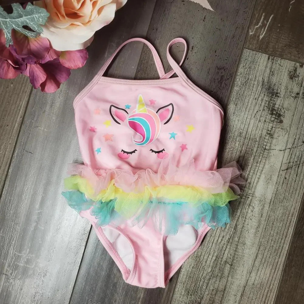 Wonder Nation Baby Girl Rainbow Unicorn One Piece Swimsuit Size 3-6m NWOT